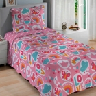 Kit Cobre Leito KazzaVip Solteiro Microfibra Estampado 100% Poli&eacute;ster Matelass&ecirc; com Porta Travesseiro Renove Juvenil Love 02 Pe&ccedil;as Rosa